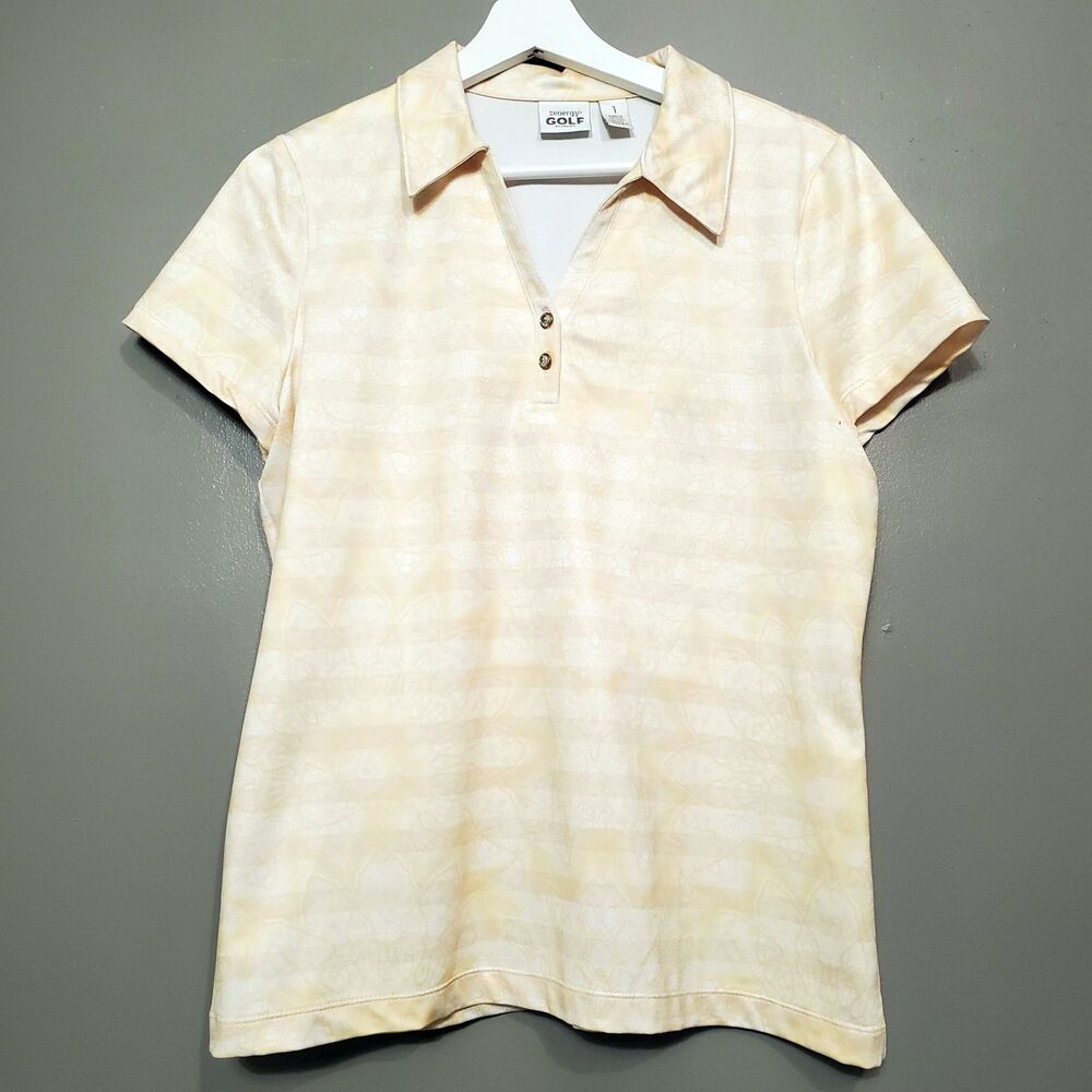 Chico's Zenergy Golf Polo Shirt Womens Size 8 Medium Yellow Floral Athleisure